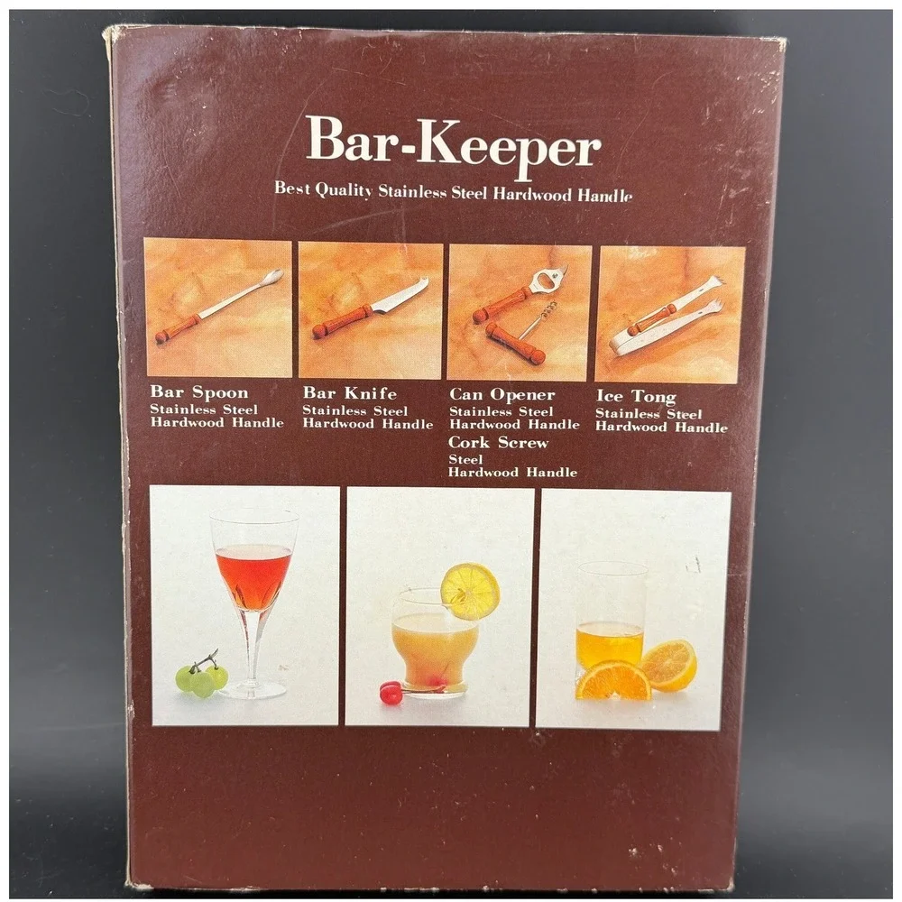 Vintage Bar-Keeper: 5 Piece Stainless Steel Bar Tool Set w/Hardwood Handles, NIB